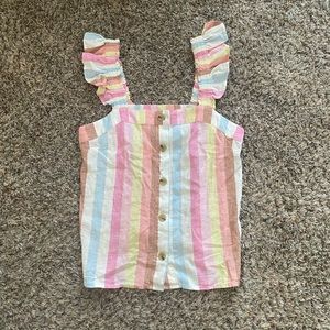 NWT: J Crew Striped Linen Blend Ruffle Strap Tank Top Button